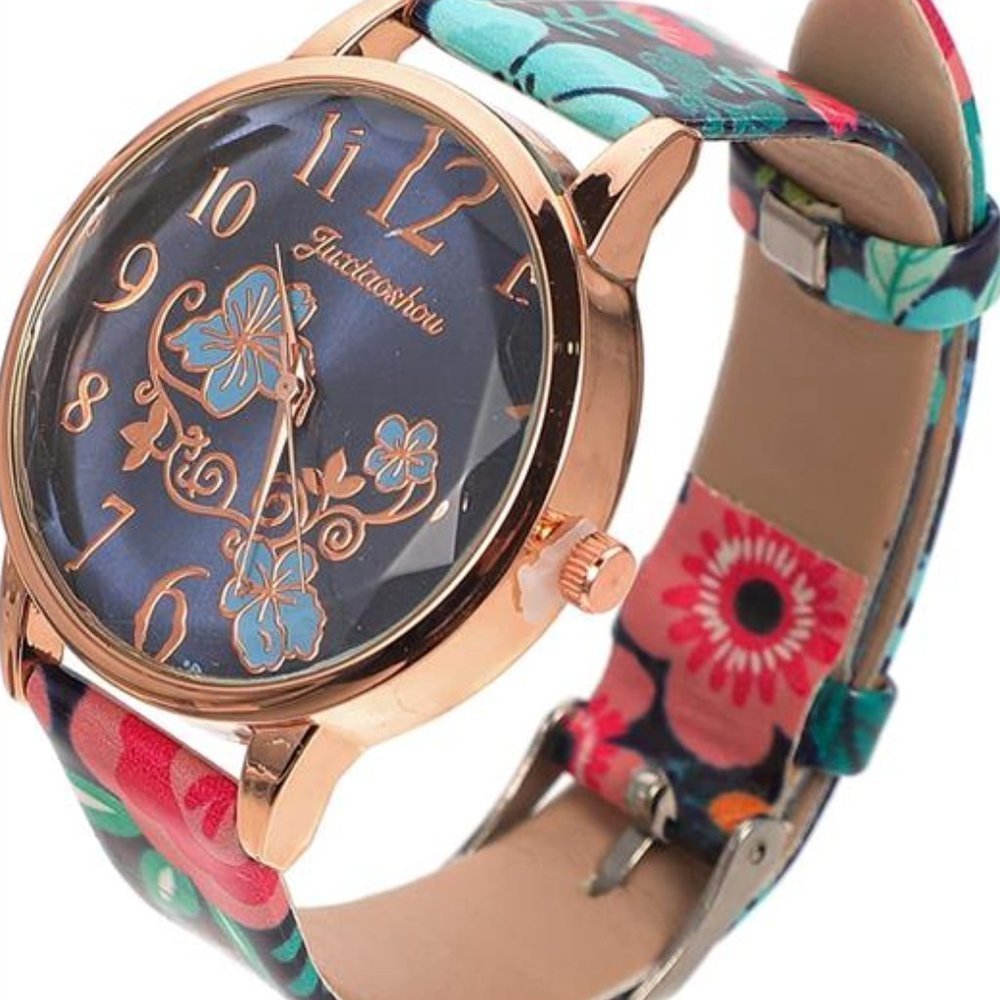Leather Floral Printed Watch for Women